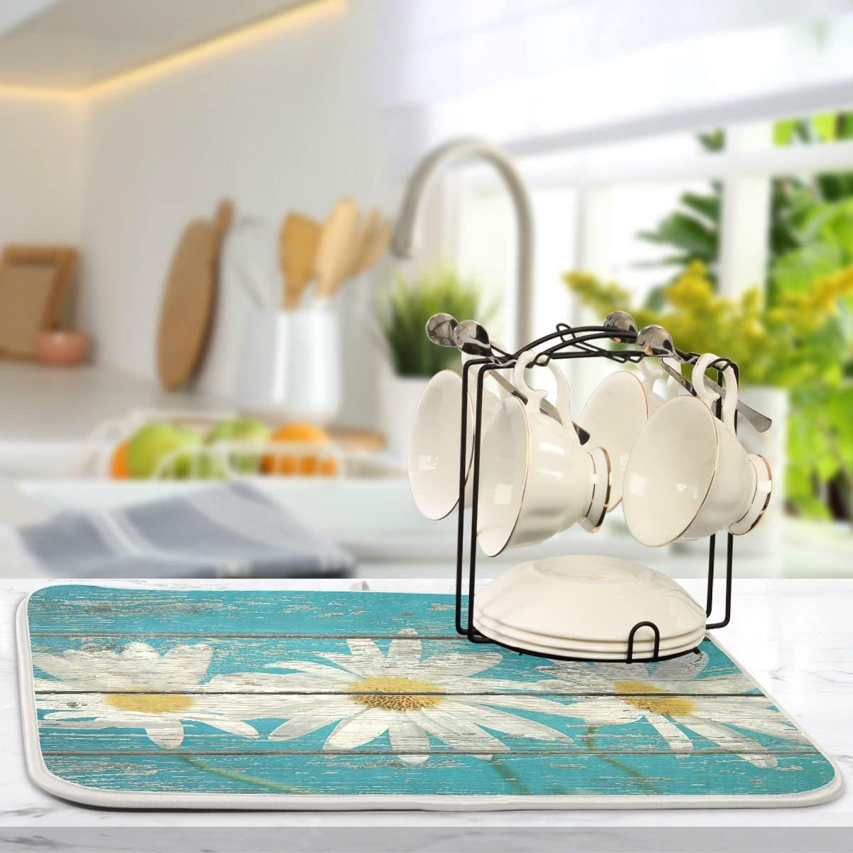 Daisy On Old Wooden Board Dish Drying Mat for Kitchen Counter Turquoise Wood Drying Mat 18 x 24 Inch with High Absorbent Reversible Microfiber Dish Drying Pad Drainer Mat for Coffee Bar