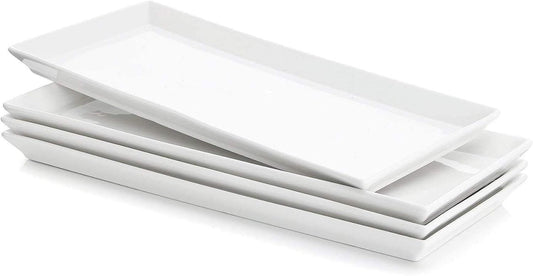 Sweese Rectangular Porcelain Platters, Serving Trays for Parties, 13.8 Inch Large Serving Dishes for Steak, Taco, Sushi, Appetizer, Cake - Dishwasher & Oven Safe - Set of 4, White