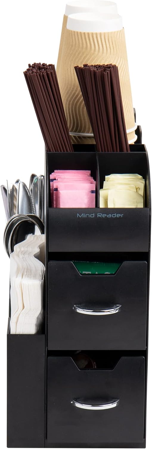 Mind Reader Cup and Condiment Station, Countertop Organizer, Coffee Bar, Kitchen, Stirrers, 5.35"W x 11.25"L x 11.15"H, Black