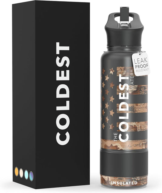 Coldest Insulated Water Bottle with Straw Lid - Stainless Steel Metal Insulated Bottle for Men & Women (Camouflage Flag, 40 oz)
