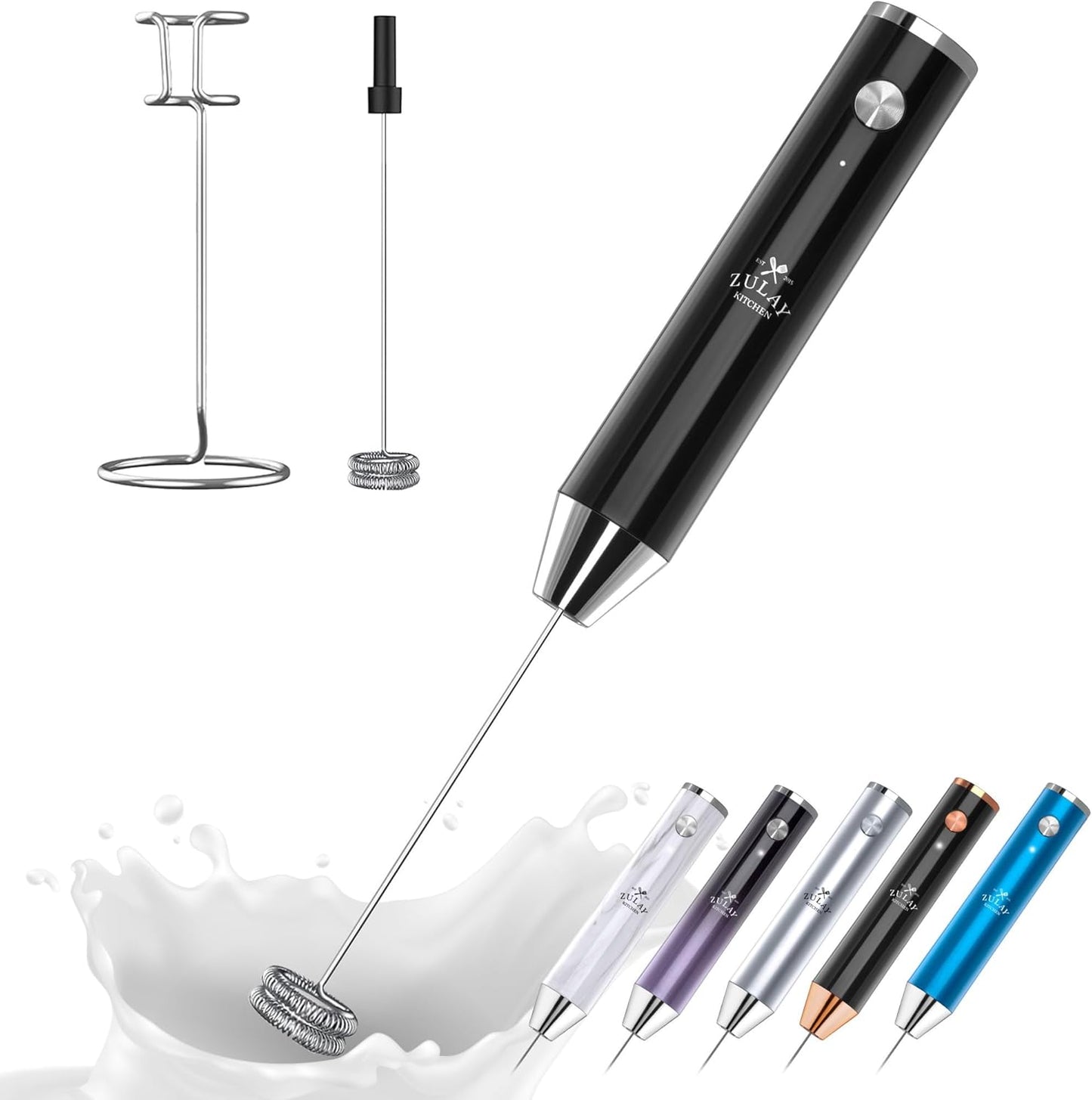 Zulay Kitchen Lux Rechargeable Milk Frother Handheld - Powerful 2-Speed Motor, Fully Waterproof, 2000mAh Battery - Drink Mixer For Latte, Cappuccino, Matcha, Protein Powder - Black