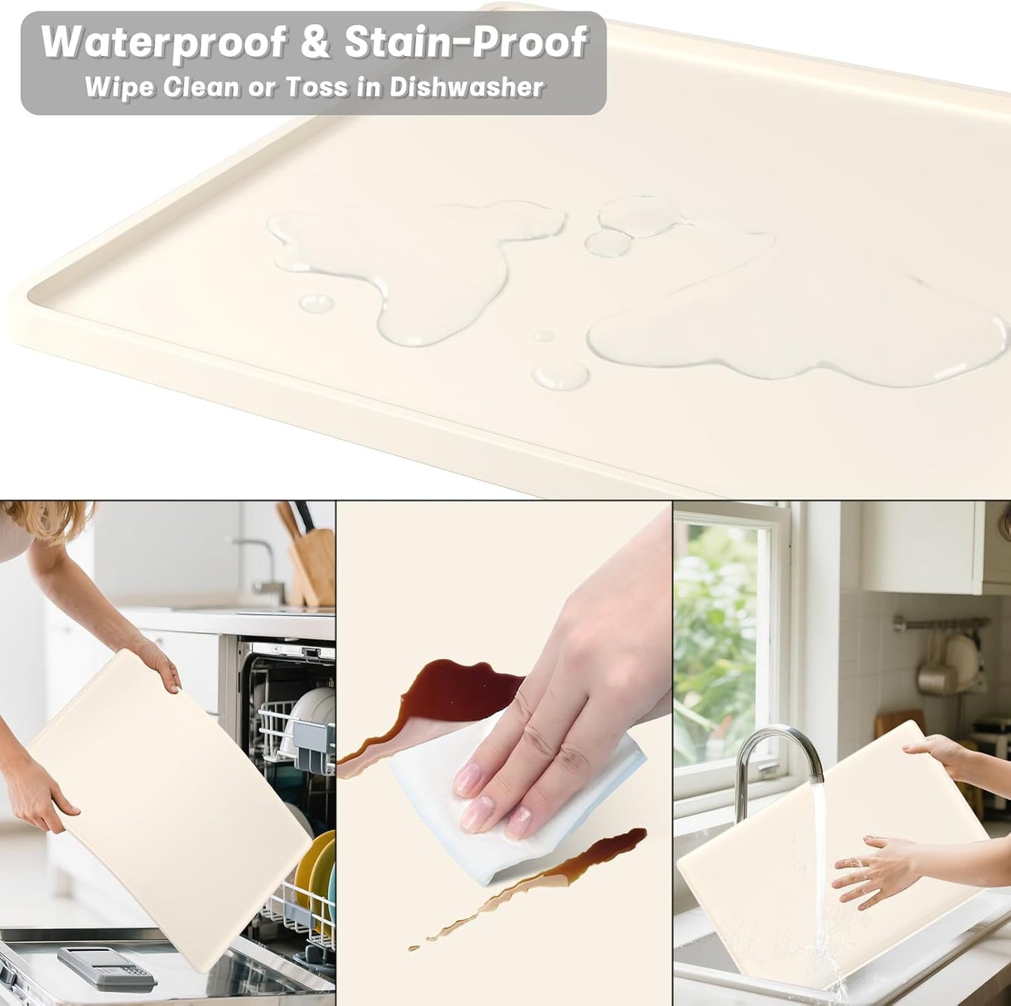 Rnivvi Silicone Coffee Mat, 16" x 24" Waterproof Raised Edge Coffee Bar Mats for Espresso Machine Station Accessories, Heat Resistant Detachable Dish Drying Pad for Kitchen Counter, Dish Rack, Beige