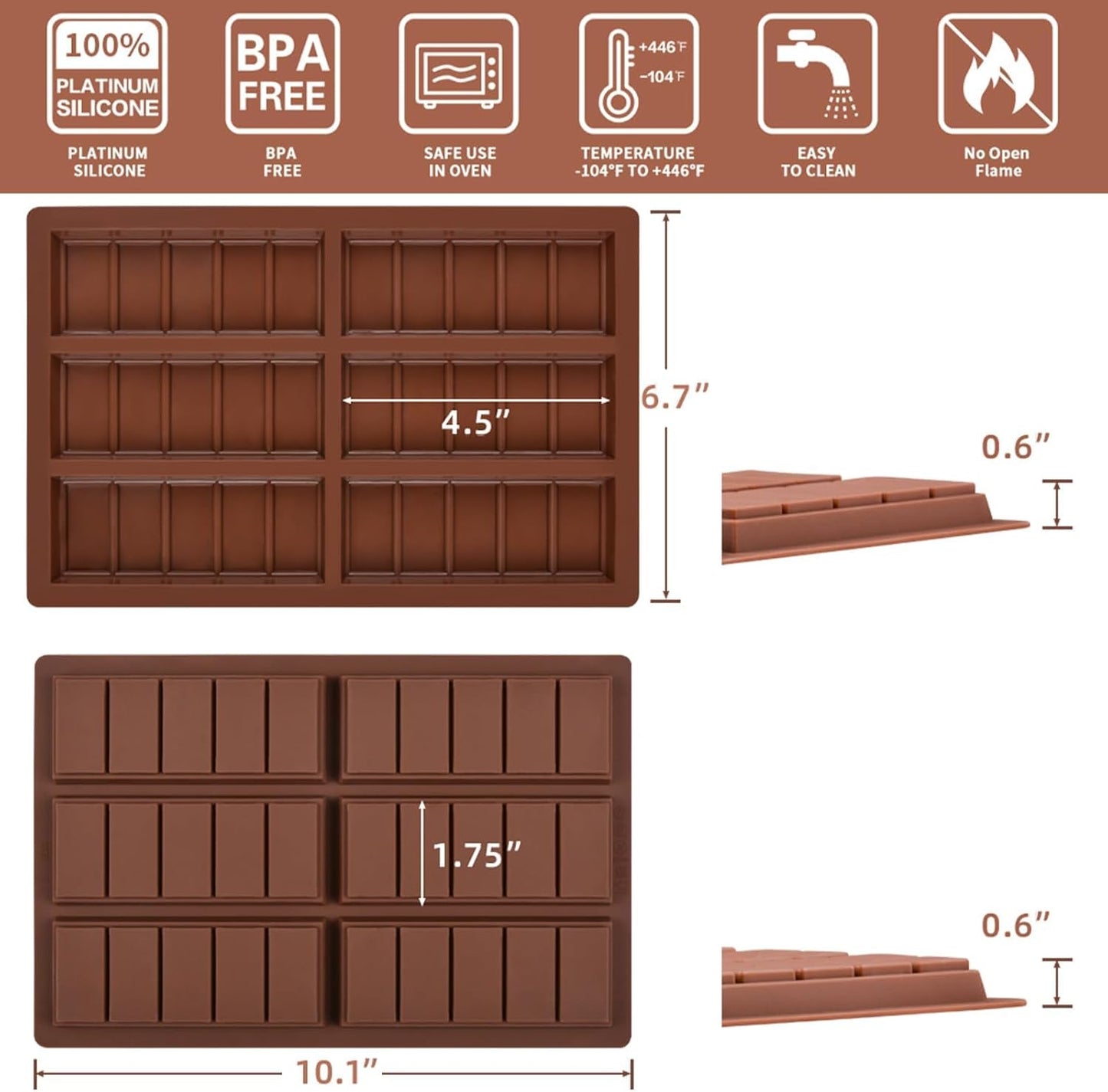 Chocolate Bar Mold, Deep Silicone Bar Mold for Stuffed Chocolate Bar, Wax Melt, Candy Bar Mold 1 Pack (5 Snap)