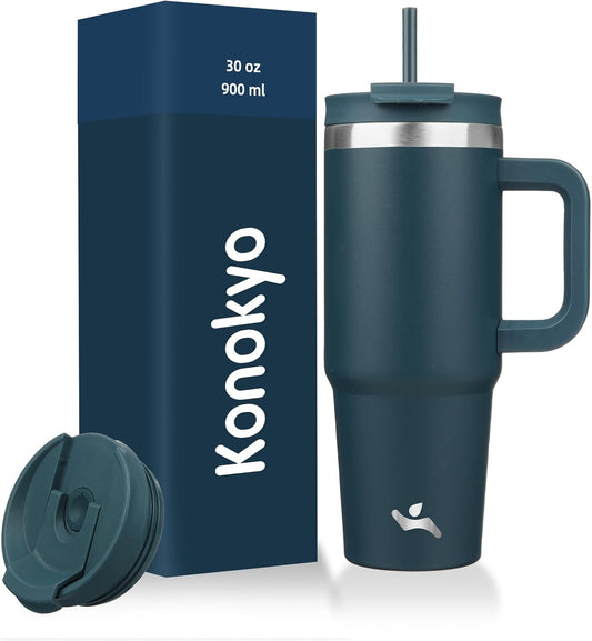 30 oz Tumbler with Handle and 2 Straws,2 in 1 Lid Insulated Water Bottle Stainless Steel Travel Coffee Mug,Navy blue