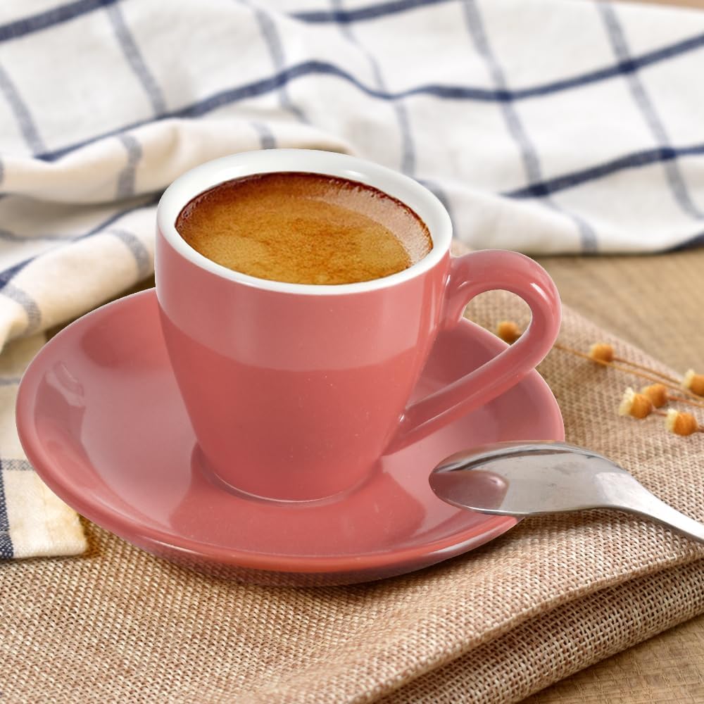 Porcelain Espresso Cup with Saucer And Stainless Steel mini Spoons, Espresso shot Cup, 80ml/2.7Oz, Pack of 2, Pink