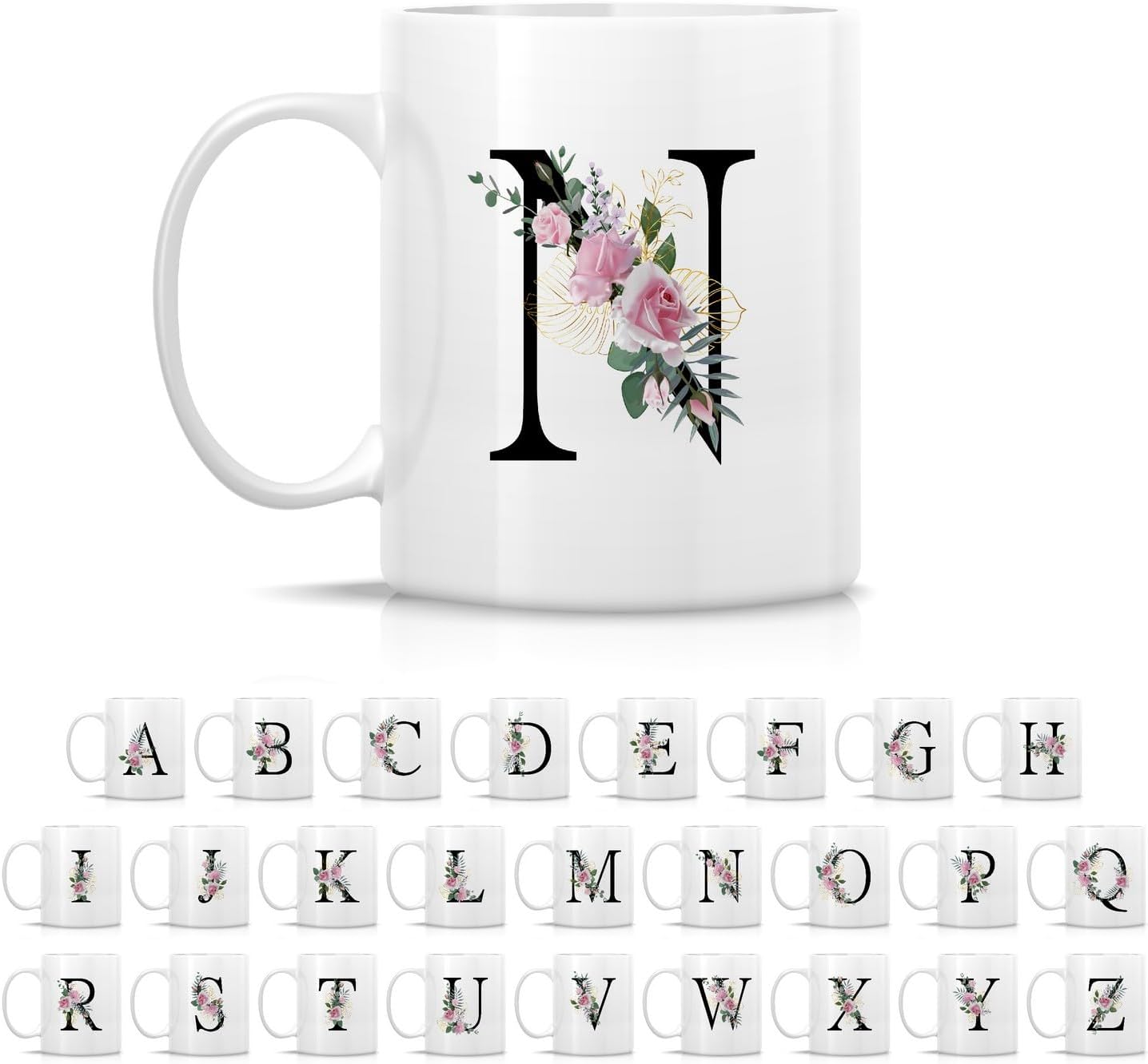 Retreez Initial A-Z Floral Botanical Bouquet Alphabet Monogrammed Monogram Mug 11 Oz Ceramic Tea Coffee Mugs - Appreciation Thank You Wedding Birthday Gifts for her friend coworker sister - N Initial