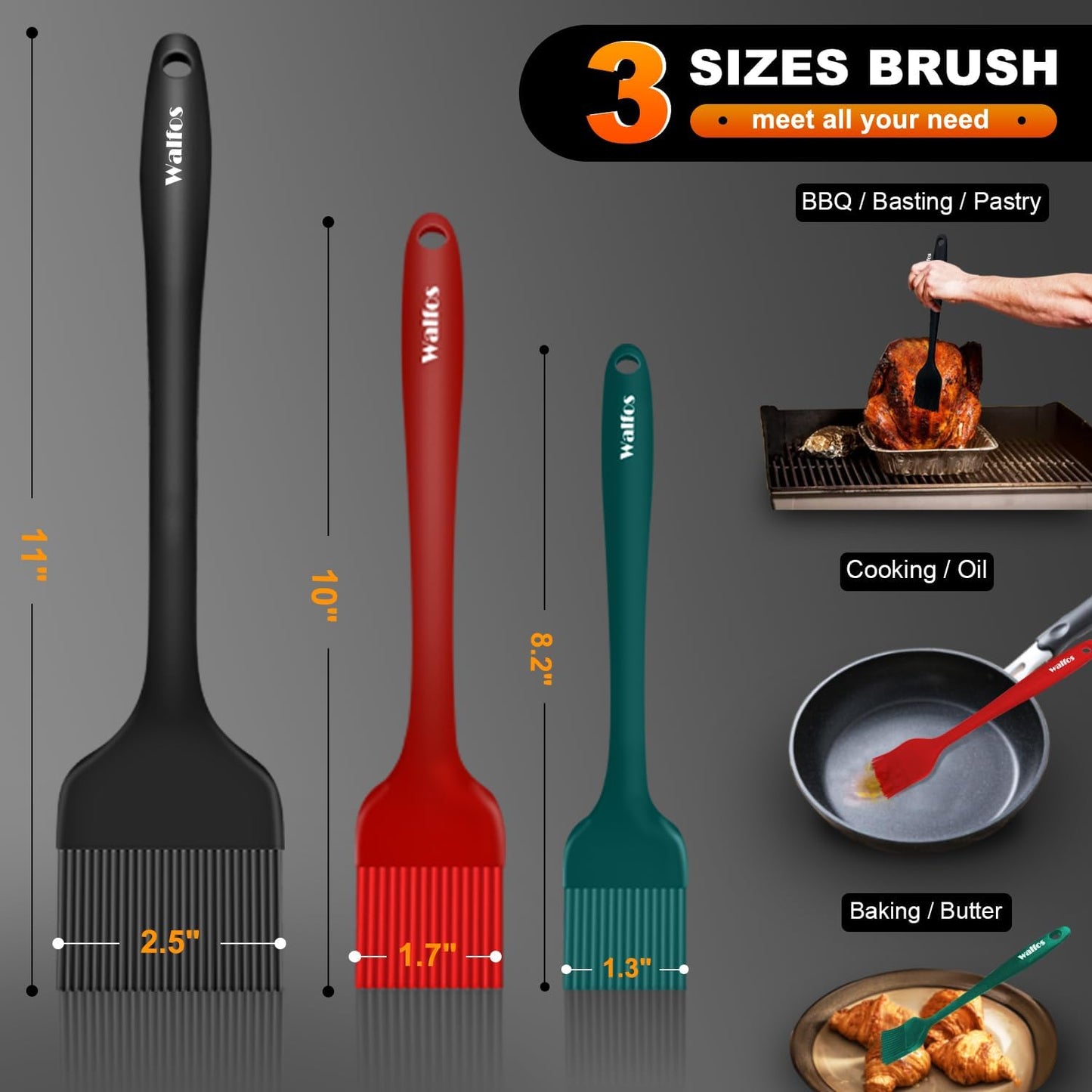 Walfos 3 Size Basting Pastry Brush, Silicone Pastry Brushes for Barbecue, Baking, Desserts, Cooking Brush for Kitchen - Strong Stainless Steel Core