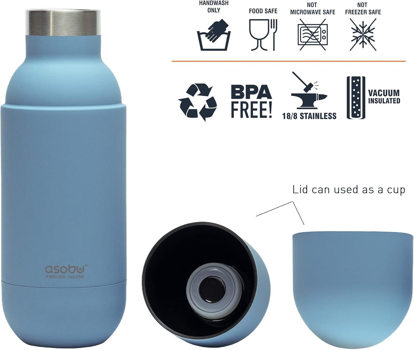 asobu Orb Stainless Steel Double Wall Insulated Travel Water Bottle – Lid Doubles as a Cup 14 Ounce (Blue)…