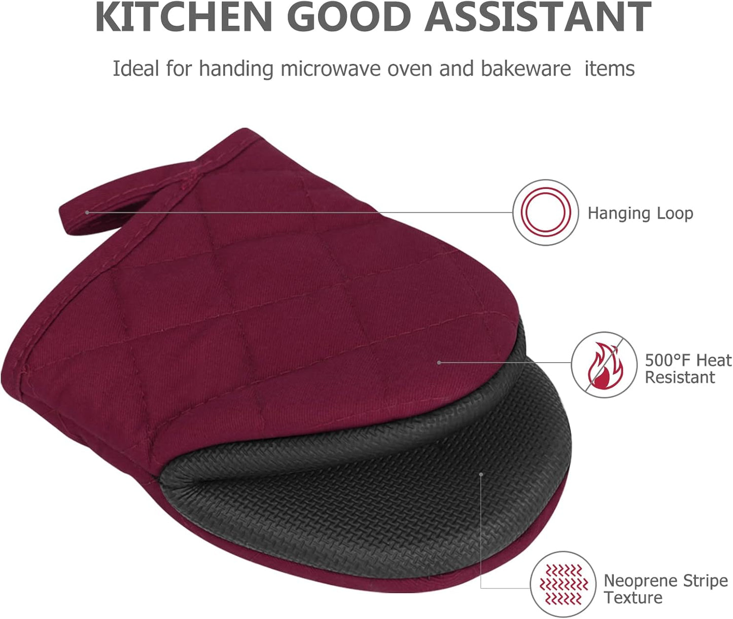 Qulable 1 Pair Short Oven Mitts - Silicone Kitchen Oven Gloves High Heat Resistant 500℉, Mini Oven Mits with Non-Slip Grip Surfaces and Hanging Loop for BBQ, Baking, Cooking and Grilling (Dark Red)