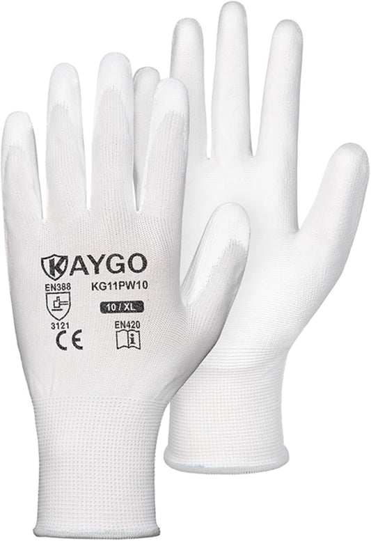KAYGO Safety Work Gloves PU Coated-60 Pairs,KG11P Seamless Knit Glove with Polyurethane Coated Smooth Grip on Palm&Fingers, for Men and Women, Ideal for General Duty Work (X-Large, White)