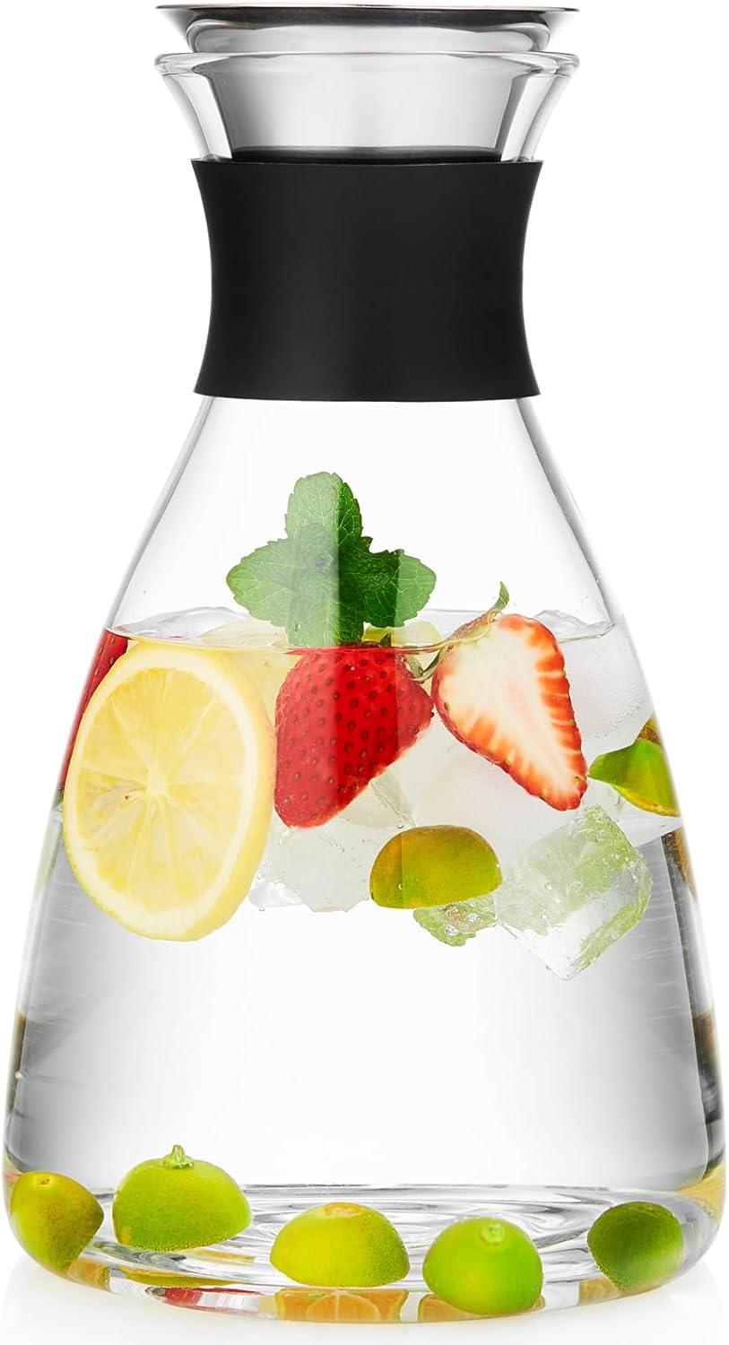 Glass Pitcher with Lid and Spout, 42OZ, Glass Water Jug for Fridge, Glass Carafe with Lid for Hot/Cold Water, Large Pitcher for Coffee, Juice,Homemade Iced Tea Beverage 1250ML
