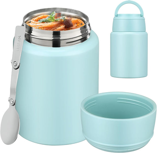 Soup Thermo for Hot Food Kids 16oz Insulated Food Jar Leakproof Thermo Lunch Container for Kids Wide-Mouth Stainless Steel Lunch Box for School with Handle Folding Spoon(3+)