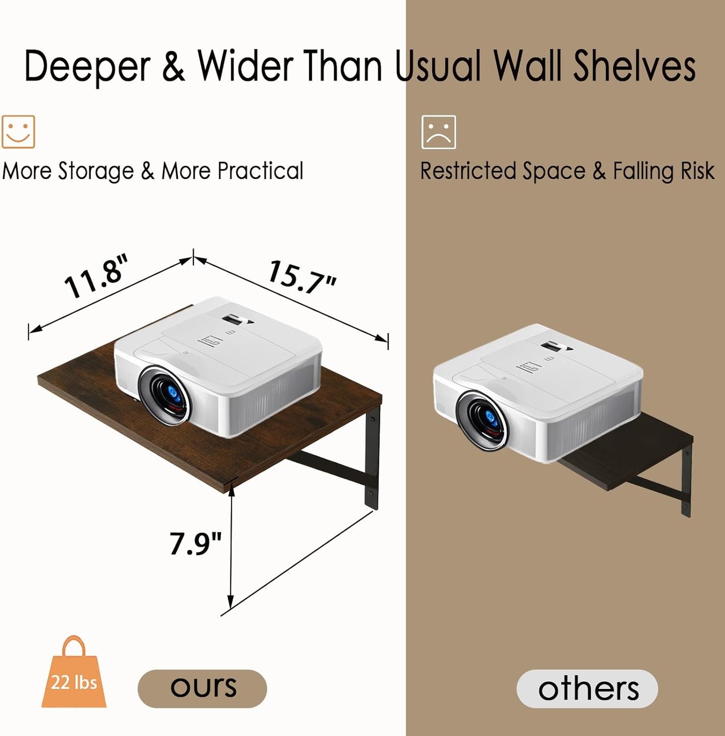 DINZI LVJ Deep Floating Shelves, 16"W x 12"D Wall Shelves Set of 2, Wide Display Shelf Wall Mounted with Brackets, Easy-to-Install Floating Bookshelf for Living Room, Bathroom, Bedroom, Rustic Brown