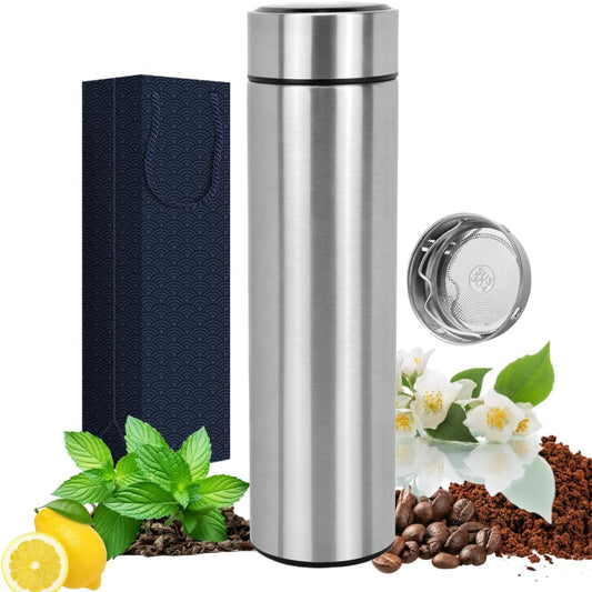Insulated Water Bottles- Vacuum Tumbler for Coffee, Tea and Drinks with Stainless Steel Infuser - 15 oz Tea Thermo Travel Bottle/Keeps Drinks Hot or Cold for Hours/Gift Packing (Silver)