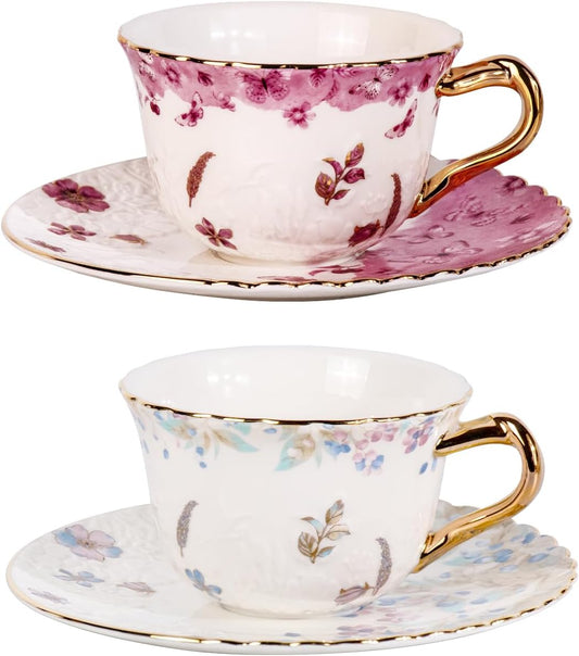 KAMMAK Tea Cups and Saucers Set of 2, Reinforced Porcelain Coffee Cups, 8.5-Ounce Stackable Espresso Mugs, Ceramic Demitasse for Coffee, Cappuccino, Latte, Americano, Tea, Colorful + Butterfly