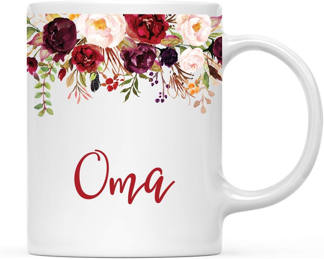 Andaz Press 11oz. Mother's Day Ceramic Coffee Tea Mug Gift, Fall Autumn Marsala Burgundy Flowers Roses Florals, Oma, 1-Pack, Includes Gift Box, Birthday Christmas Gift Ideas