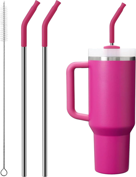 Metal Straw with Silicone Tip for 40oz Stanley Cup, 2 Pcs Stainless Steel Straws Replacement for Stanley 40 oz Adventure Quencher Travel Tumbler Cup, 1 Straw Brush (Fuchsia Red)