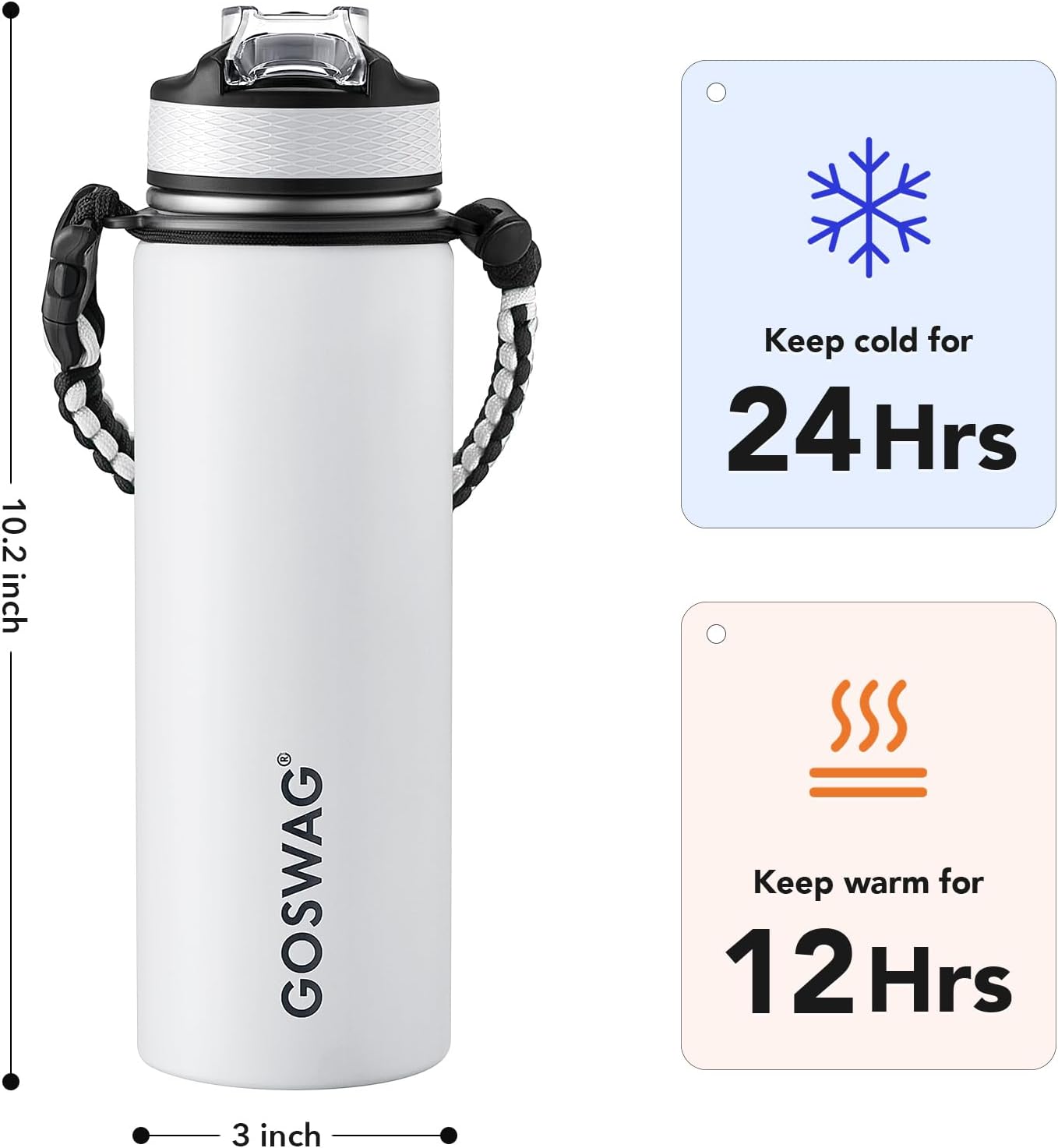 GOSWAG Insulated Sports Water Bottle, 24oz 2 Lids(with Straw/No Straw), Stainless Steel Water Bottles with Paracord Handle, Insulated Bottle with Double-Wall Vacuum Insulation