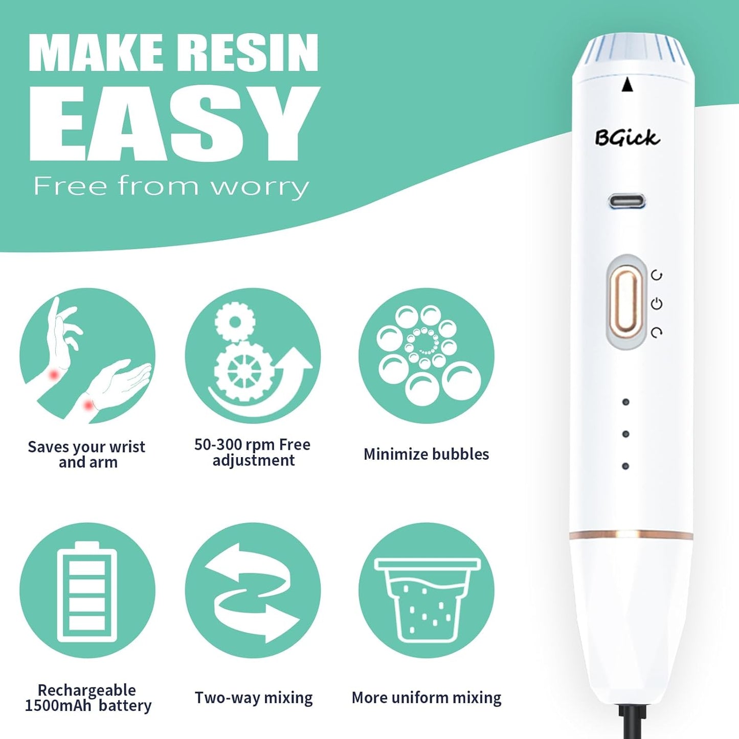 Upgraded Resin Mixer, Handheld Rechargeable Mixer with Minimizing Bubbles,Epoxy Resin Mixer for Resin, Silicone Mixing, Resin Molds, DIY Crafts (Included 4 pcs Paddles) (White)