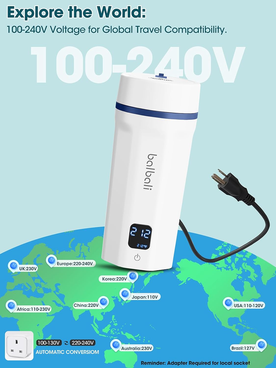 balbali 18.6oz Portable Kettle for Travel 100-250V Dual Voltage for International/Global/Europe - 6 Preset Travel Electric Kettle Hot Water Boiler/Heater/Warmer/Tea Maker - White