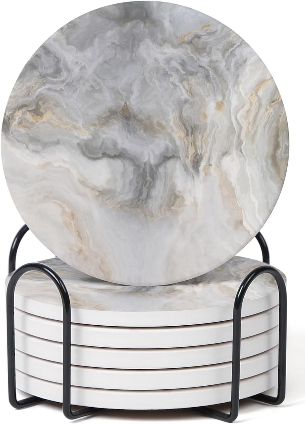 Set of 6 Abstract Gray White Marble Coasters with Holder, Absorbent Ceramic Coasters for Drinks, Coasters with Cork Backing for Table Protection, Housewarming Gifts for New Home
