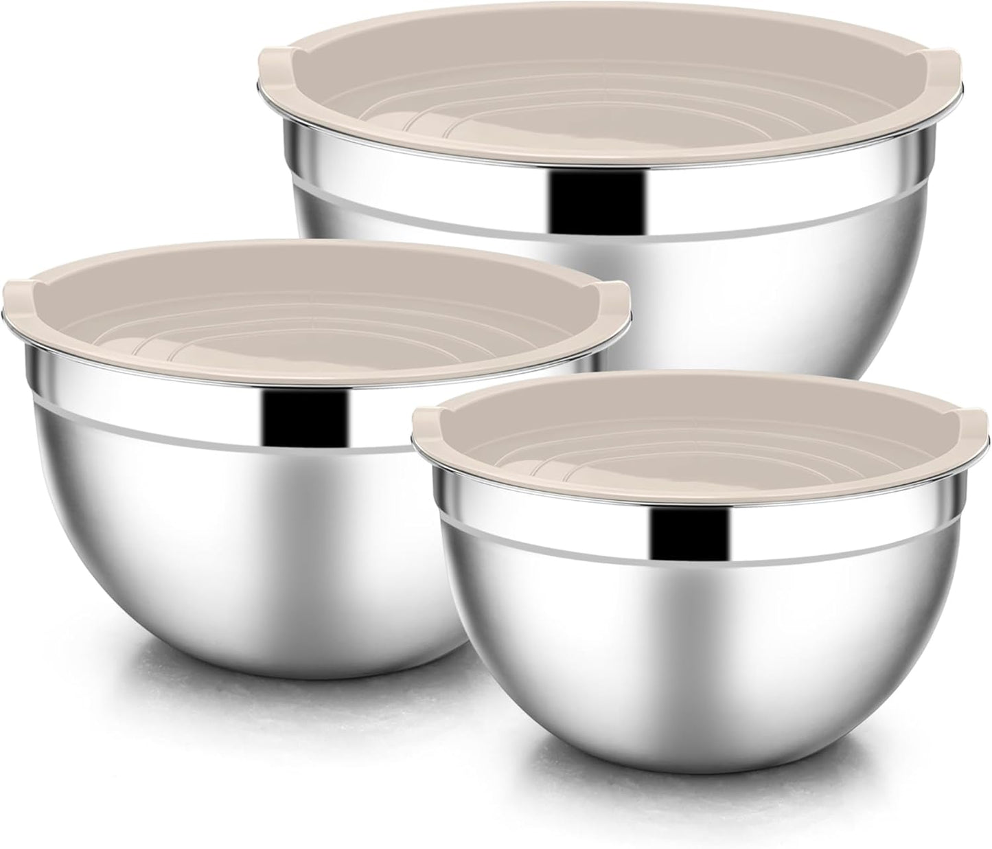 E-far Mixing Bowls with Lids, 6-Piece Stainless Steel Salad Bowls Metal Nesting Bowls for Baking Cooking and Prepping, Airtight Lids & Stackable Design, Size 4.5, 3, 1.5 QT (Khaki)