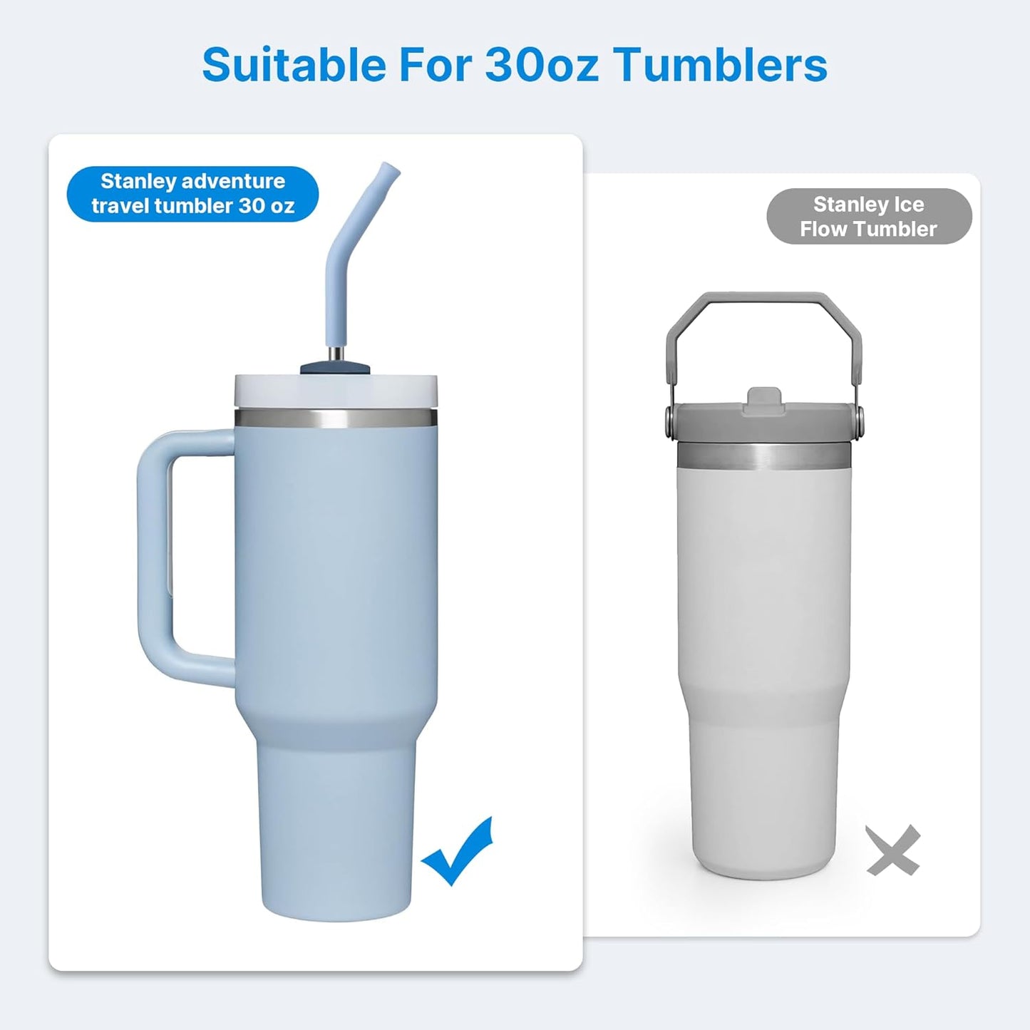 Metal Straw with Silicone Tip for 30oz Stanley Cup, 2 Pcs Stainless Steel Straws Replacement for Stanley 30 oz Adventure Quencher Travel Tumbler Cup, 1 Straw Brush (Light Blue)