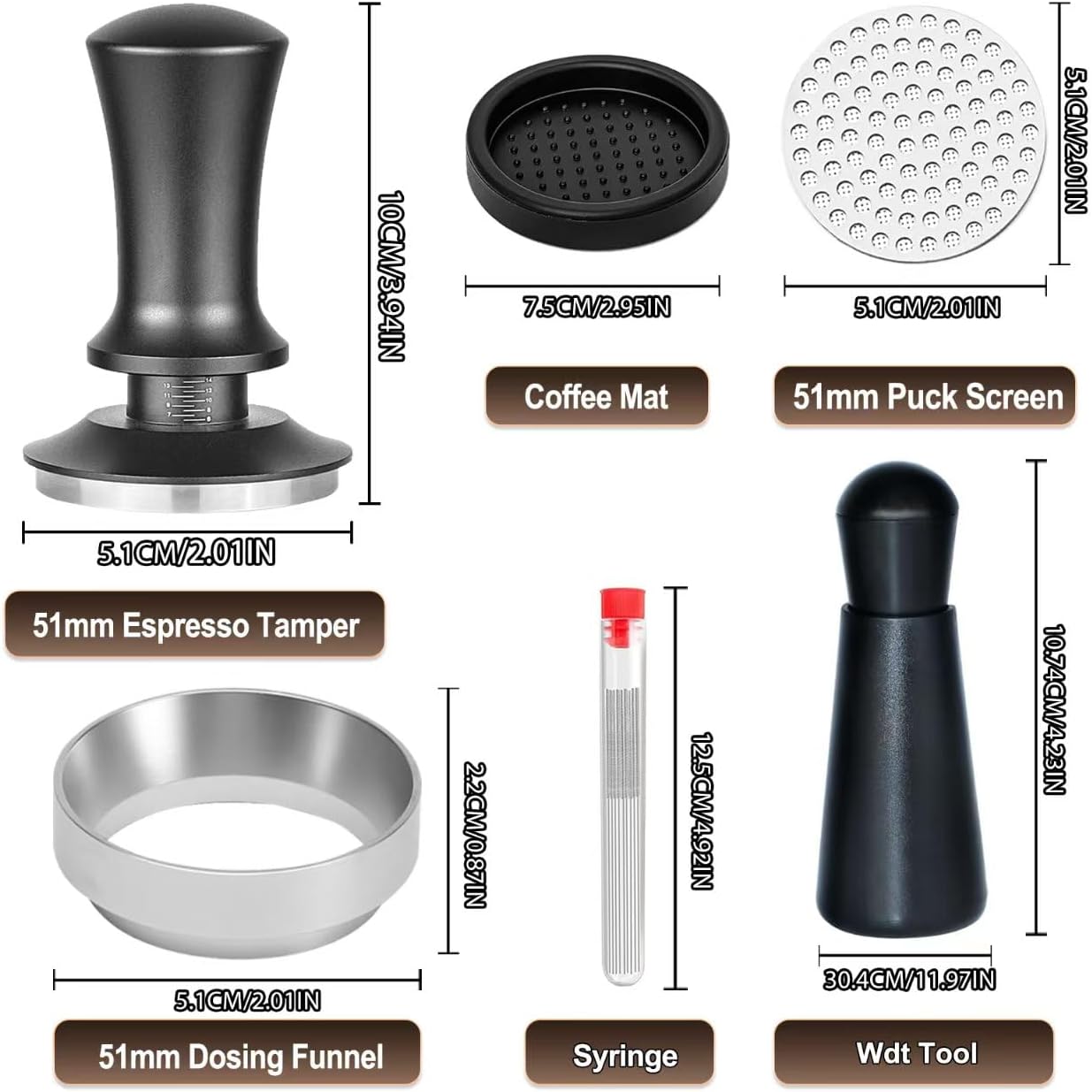 Coffee Espresso Tamper 51mm with WDT Tool Calibrated Spring Loaded,wdt tool espresso and Silicone Tamper Mat,Dosing funnel and coffee puck screen,Black espresso accessories Tool,12 replacement needles