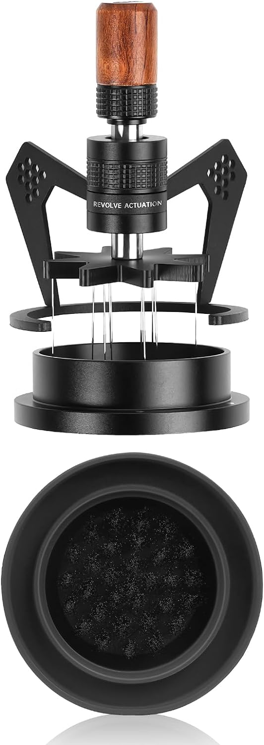 IKAPE Mantis WDT Distribution Tool with Clean Brush, 58.5mm Espresso Stirrer Distribution Tool for Barista, 8 Needle Espresso Stirrer with Dosing Funnel &Stand, Adjustable Needle Height, Walnut Handle