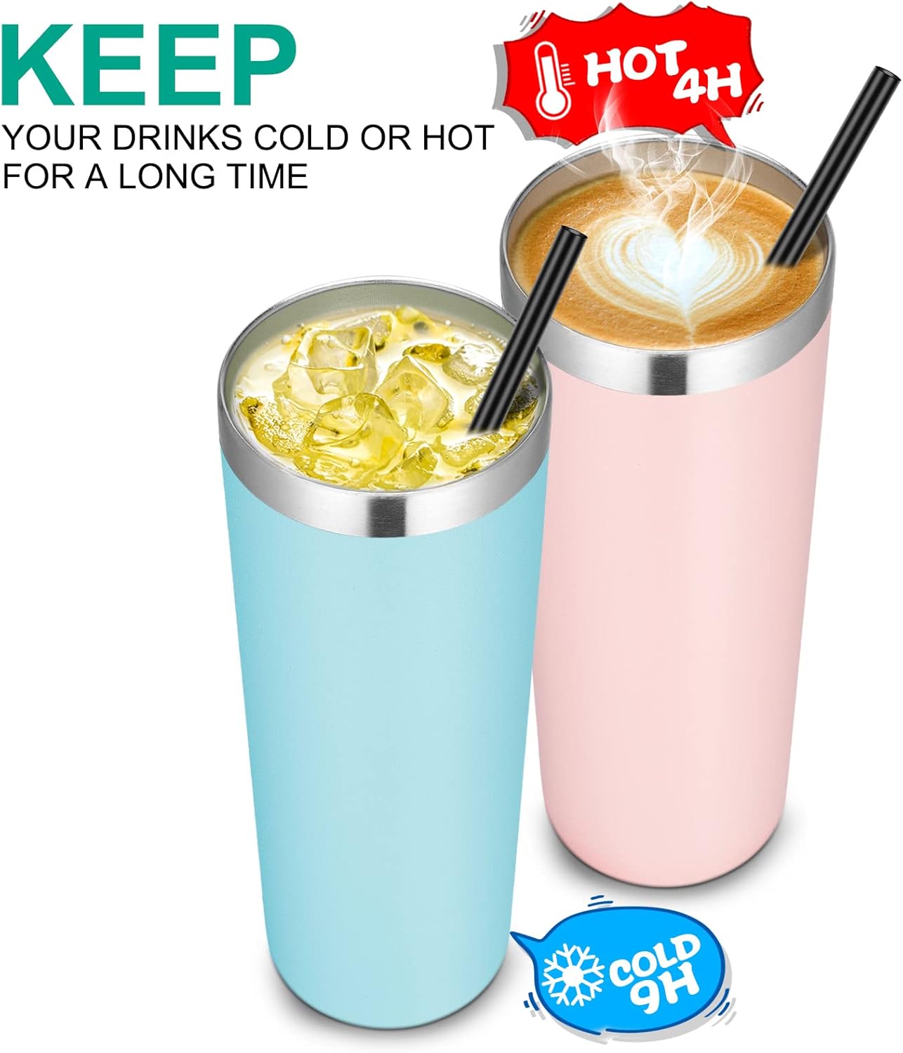 VEGOND Stainless Steel Tumblers Bulk 12 Pack, 20 oz Vacuum Insulated Skinny Tumblers with Lid and Straw, Double Wall Coffee Mug, Travel Water Cup, Light Pink