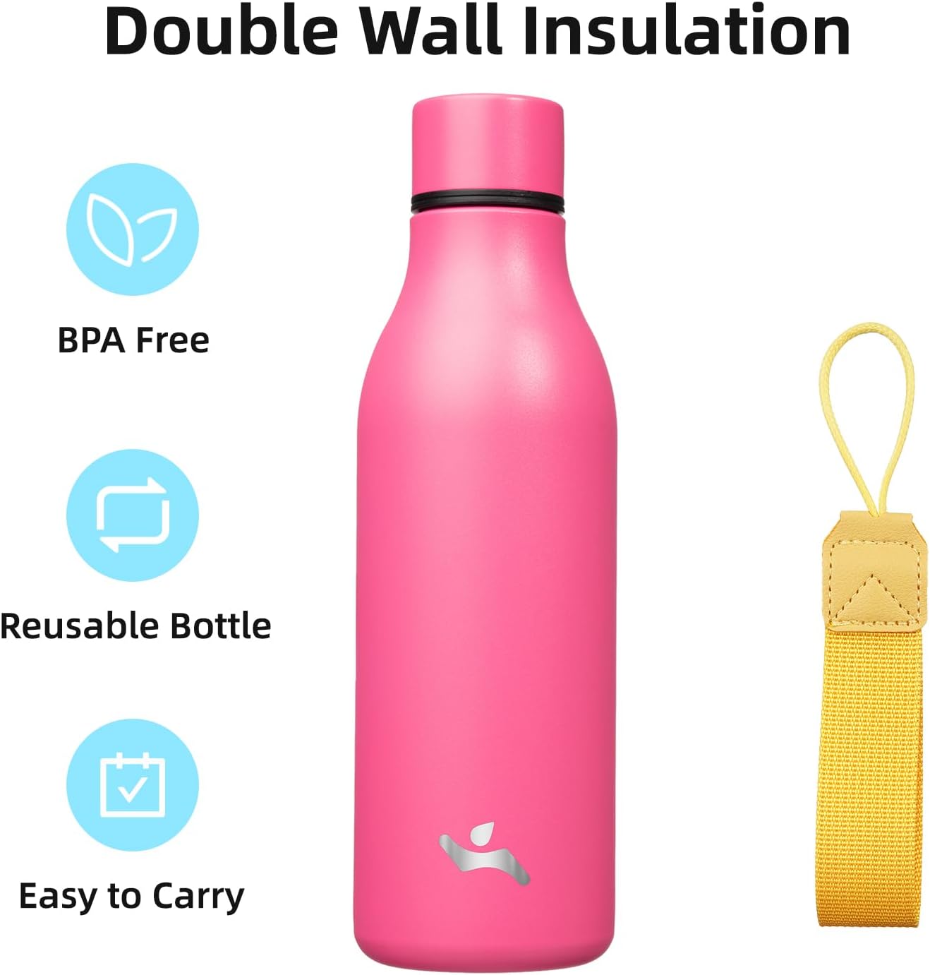Insulated Water Bottle with Strap,18 oz Double Wall Stainless Steel Vacuum Bottles Metal Water Flask,Pink