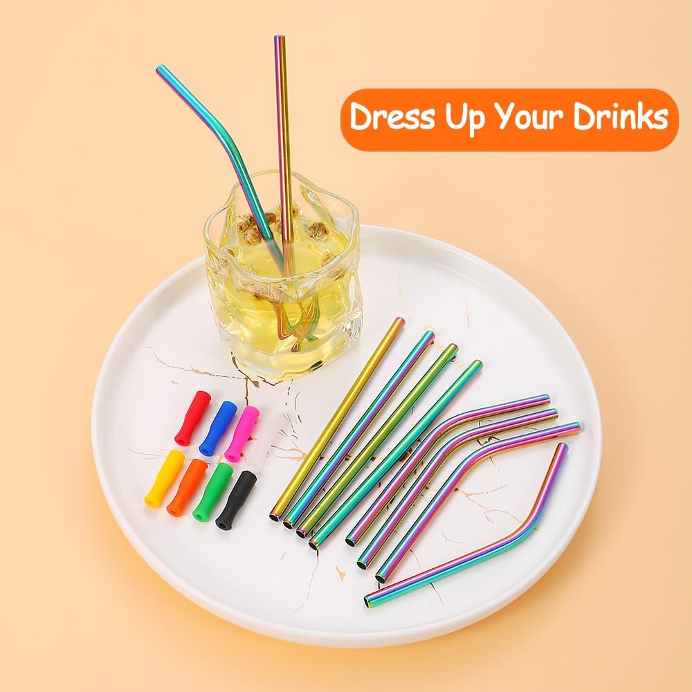 Lazycorner 16 Pcs Short Metal Straw, 6mm 5.5" 6.5" Kids Reusable Straw Silicone Tips Cleaner, Mini Small Stainless Steel Straws Fit 8 10 12 oz Tumbler/Wine Tumblers, Reusable Cocktail Straws(Rainbow)