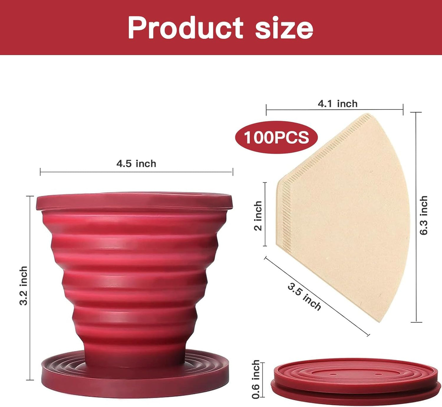 Collapsible Pour Over Coffee Dripper Set - Silicone Reusable Cone Filter Holders with 100Pcs Paper Filters - For Home, Camping, Travel, Office (1, Red)