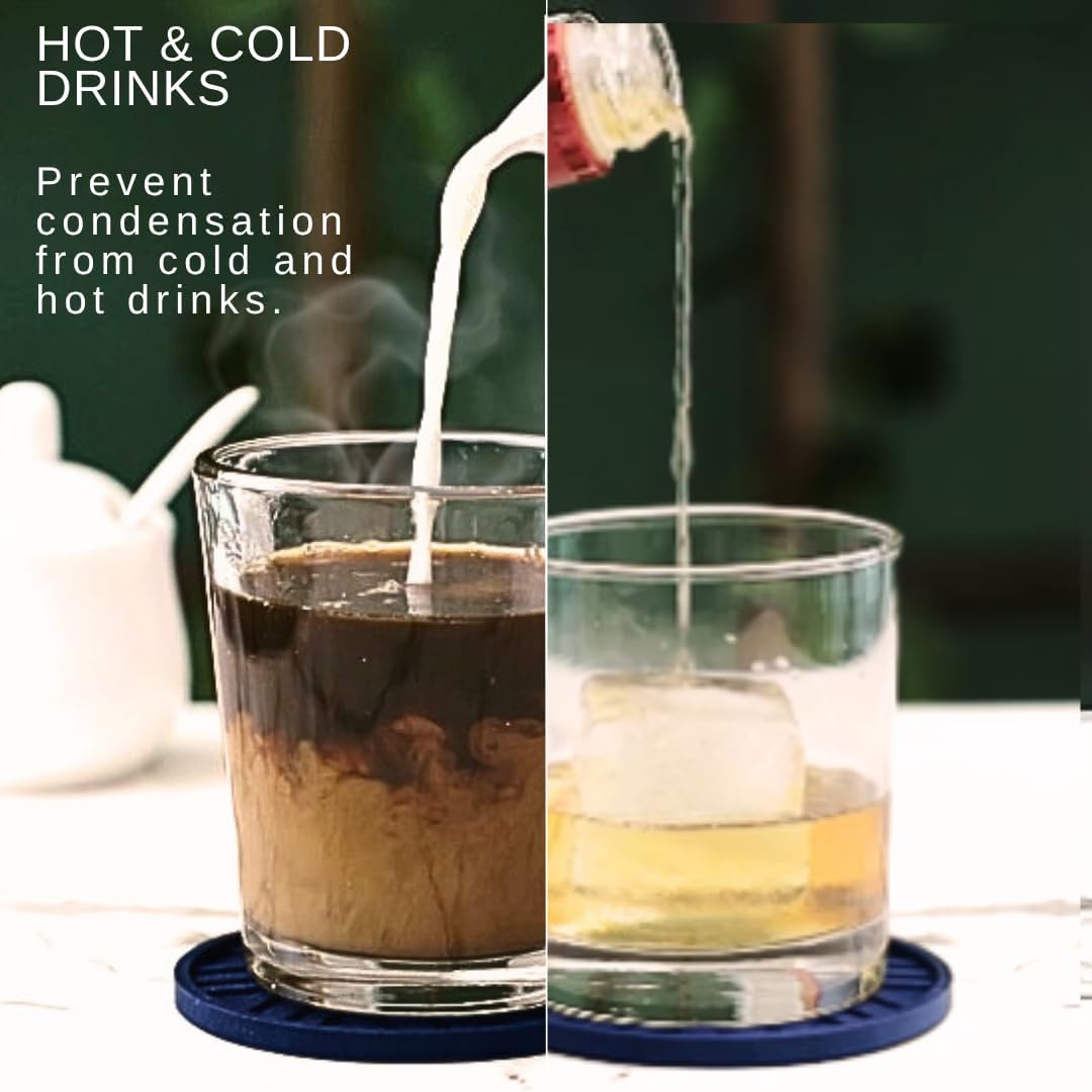 Coasters Set of 6 - Non-Slip Table Coasters for Drinks, Mugs, Glasses, Cups, Bottles - Round Pads with Stylish Groove Patterns & Gold Holder Stand - 4", 0.23" (Navy Blue)