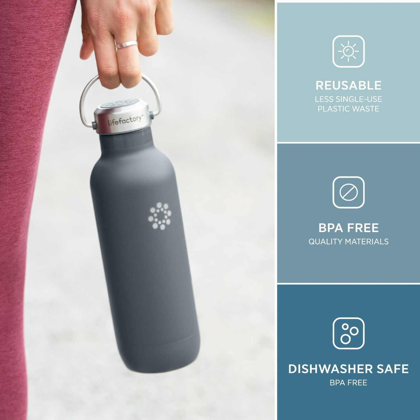 Lifefactory 20-Ounce Stainless Steel Vacuum-Insulated Sport Bottle, Carbon