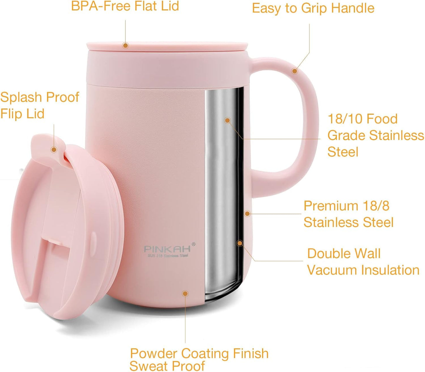 Stainless Steel Coffee Mug with Lid and Handle, Double Wall Vacuum Insulated Cup, 16oz, Pink