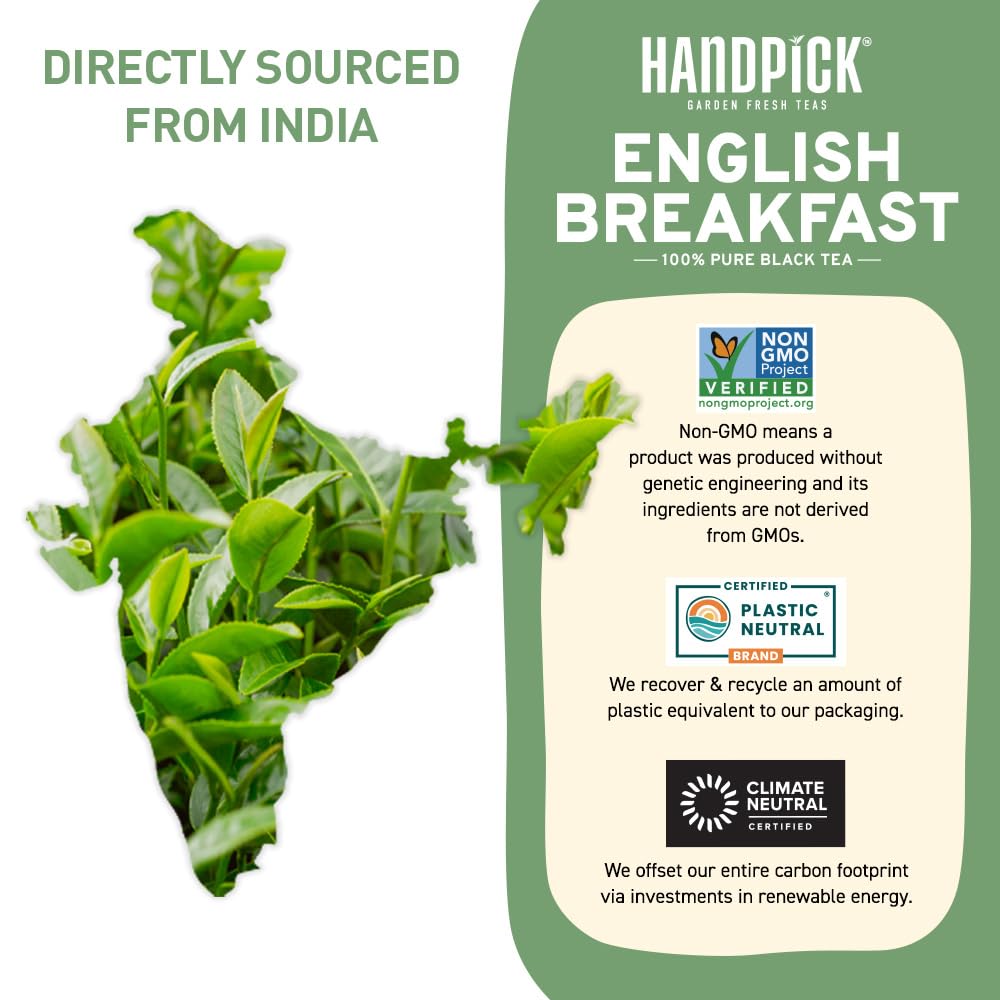 HANDPICK, English Breakfast Tea Loose Leaf (340g/12oz) Strong, Robust, High Caffeine Black Tea Loose Leaf | Non-GMO | Resealable, Ziplock Pouch | Brew Hot, Iced or Kombucha tea | Assam Black Tea
