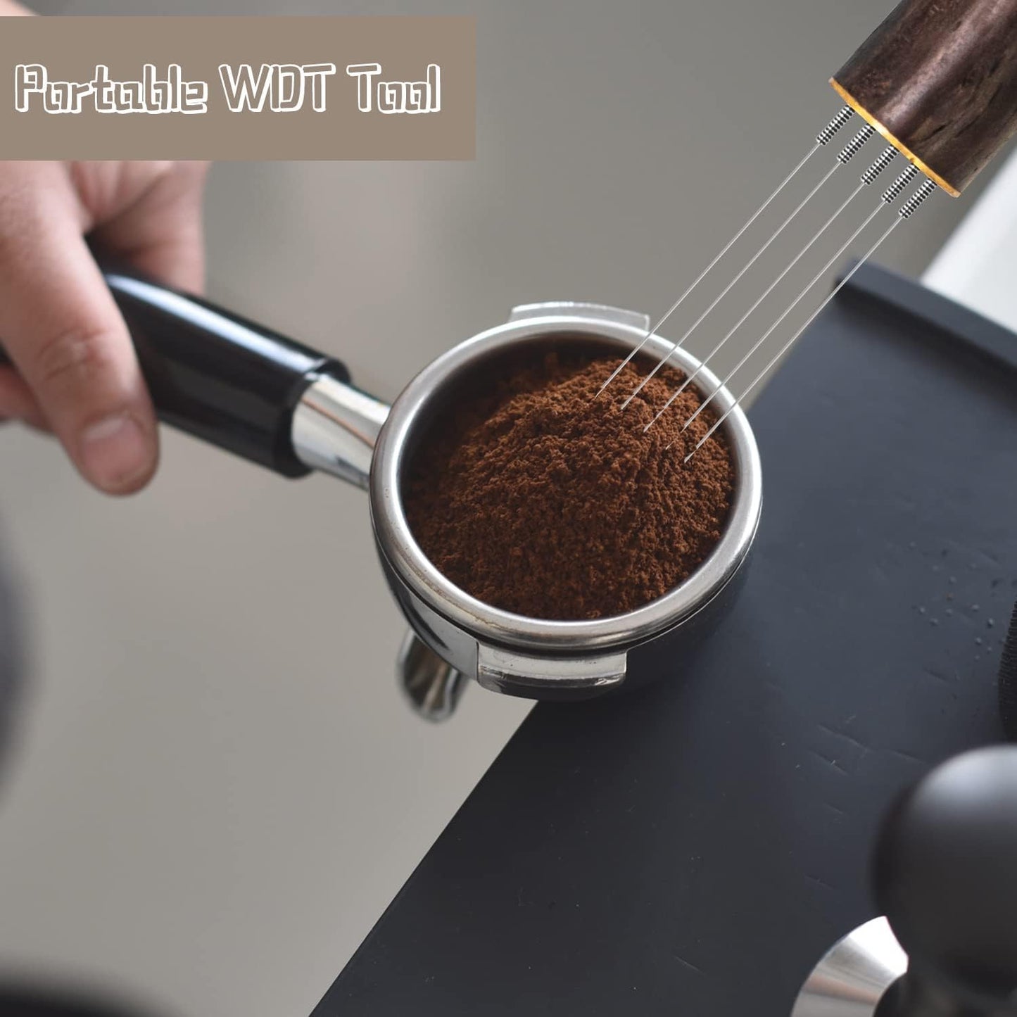 Espresso Coffee Stirrer, Espresso Distribution Tool Coffee Stirring Tool,Professional Barista Hand Needle Type Distribution Tool 5 Needles 0.4mm Natural Wood Handle and Stand