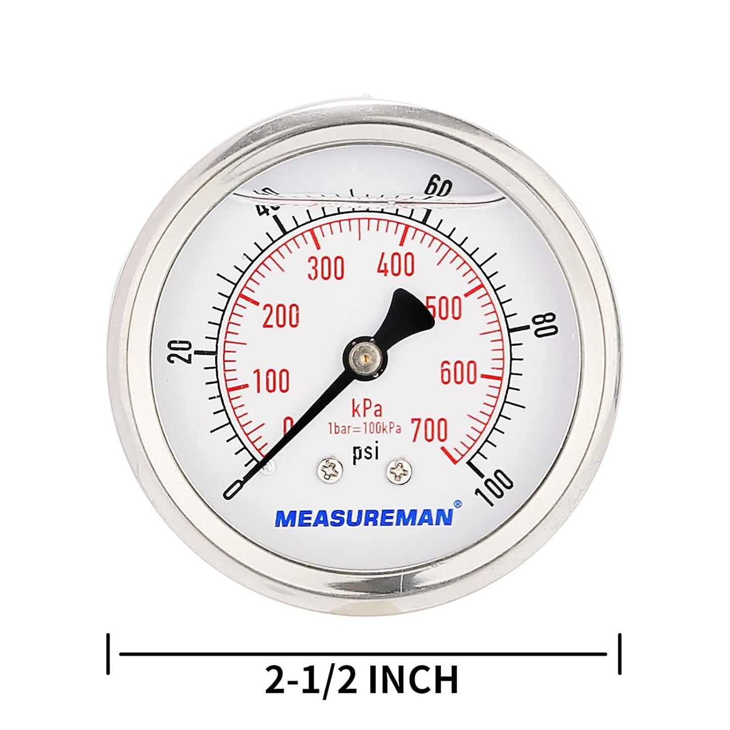 MEASUREMAN 2-1/2inch Dial Size, Glycerin Filled Pressure Gauge, 0-100psi/kpa, 304 Stainless Steel Case, 1/4 Inch NPT Center Back Mount