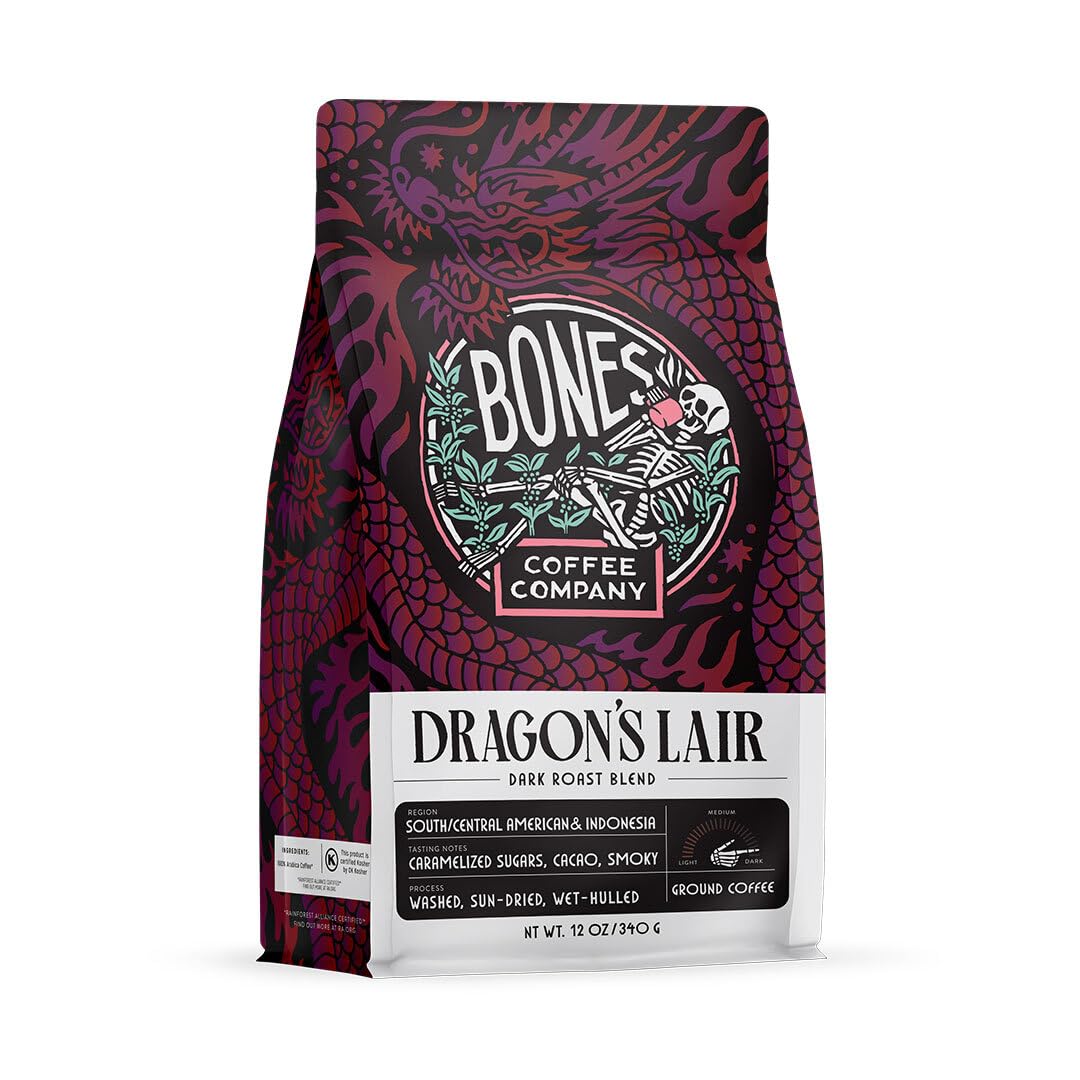 Bones Coffee Company Dragon's Lair, Smokey, Cacao and Caramelized Sugar Notes, Unflavored Coffee, Medium Roast Low Acid Arabica Beans Compatible with Auto drip and French Press Coffee Maker, 12 Oz Ground