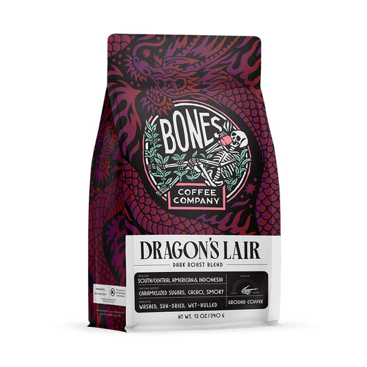 Bones Coffee Company Dragon's Lair, Smokey, Cacao and Caramelized Sugar Notes, Unflavored Coffee, Medium Roast Low Acid Arabica Beans Compatible with Auto drip and French Press Coffee Maker, 12 Oz Ground