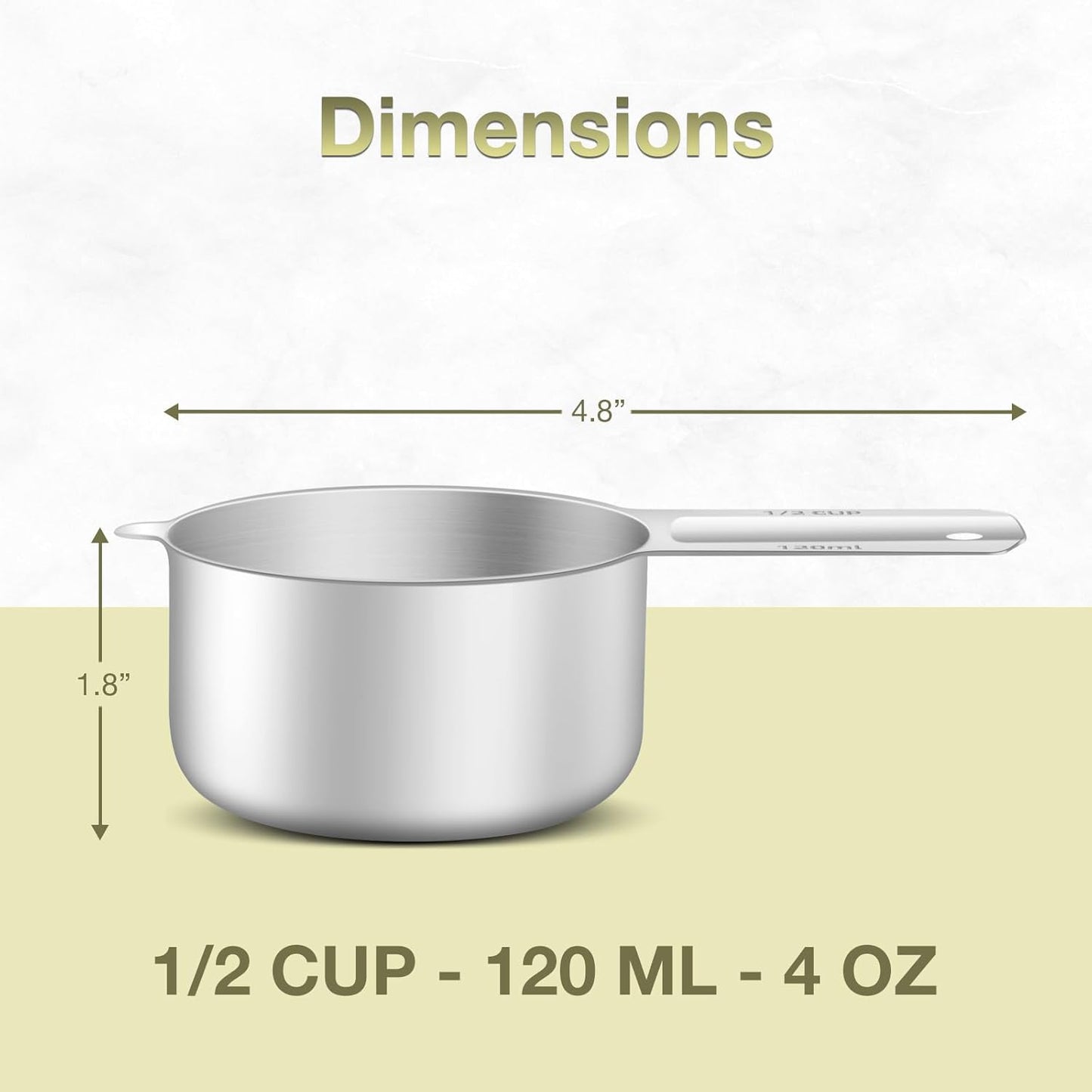 1PCS 1/2Cup (120ml, 4oz) Single Measuring Cup, Etched Inner Scale Stainless Steel Measure Scoop, Metric and US Measurement, Dishwasher Safe