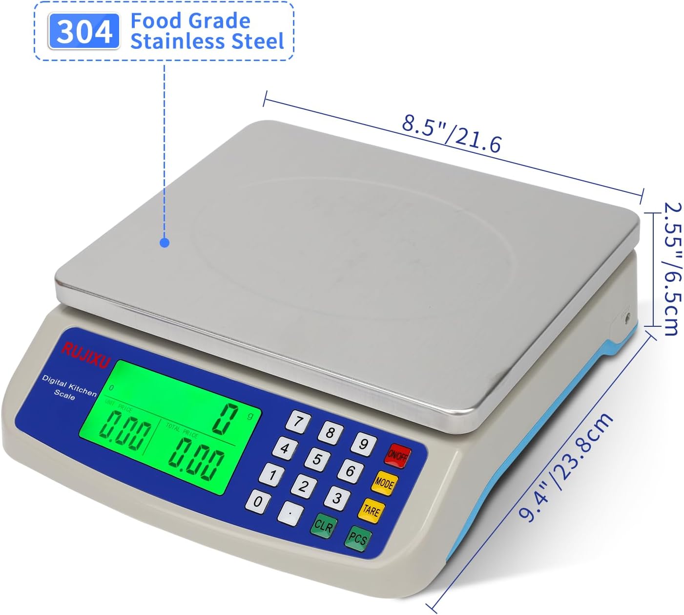 Large Digital Kitchen Scale 30KG Commercial Food Scale 66LB for Baking Bread Meat Stainless Steel Price Computing Scale LCD Display,Prep Counting Scale for Parts and Coins Adapter Included