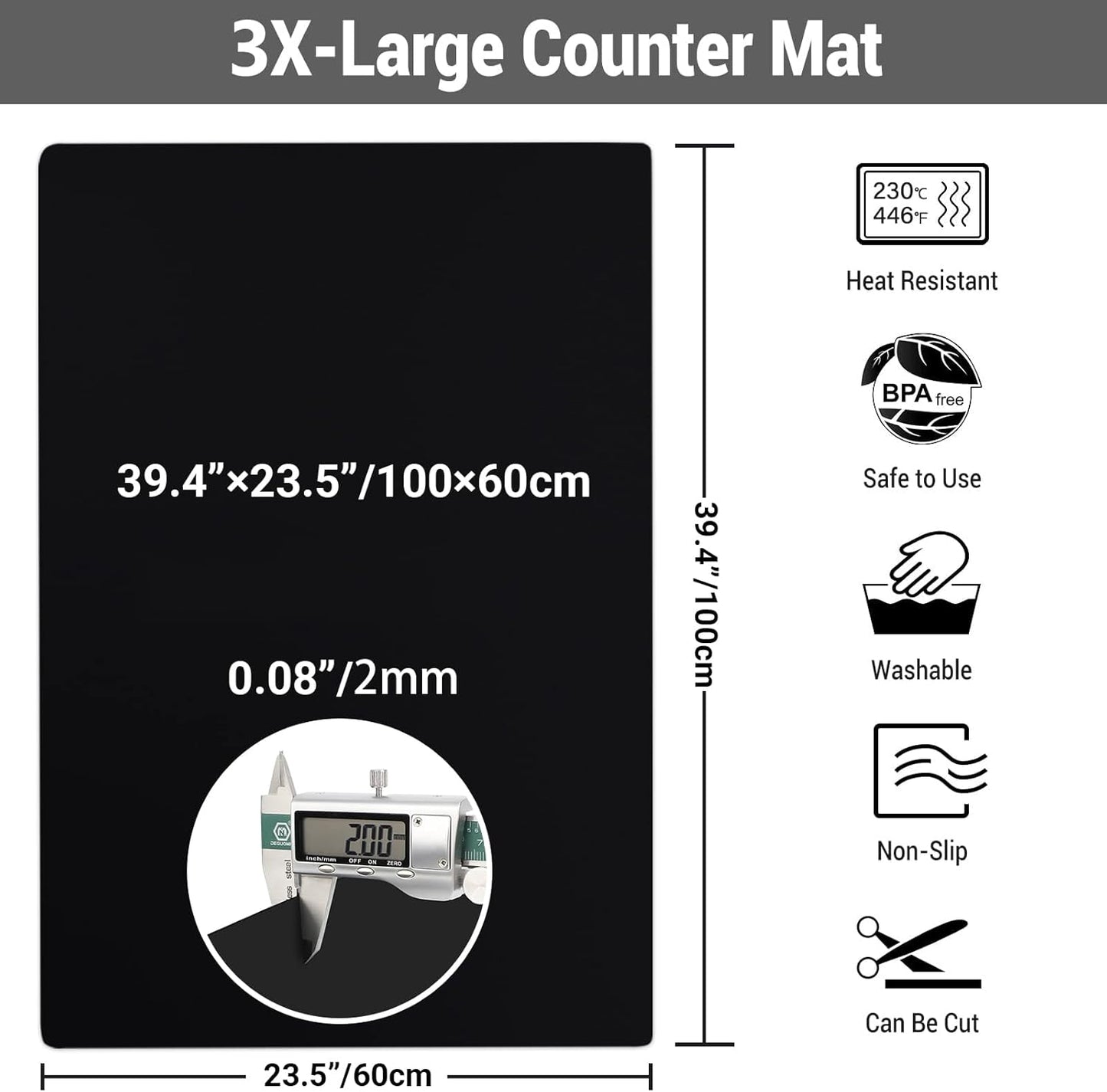 Ewen 39.4x23.5in 2mm Heat Resistant Silicone Mat, Extra Large Thick Placemat for Kitchen Counter, Workbench Countertop Protector Mat Hot Pads for Coffee Maker Bar Crafts Glass Top Stove Cover Black
