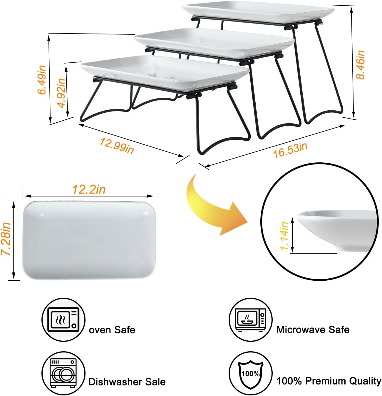 HAPPY KIT 3 Tier Serving Tray Set and Tiered Tray Stand,12 Inch Widened Porcelain Platters with Freely Combinable Rack,Decor Cupcake Stand for Christmas Party Display,Dessert Trays Collapsible