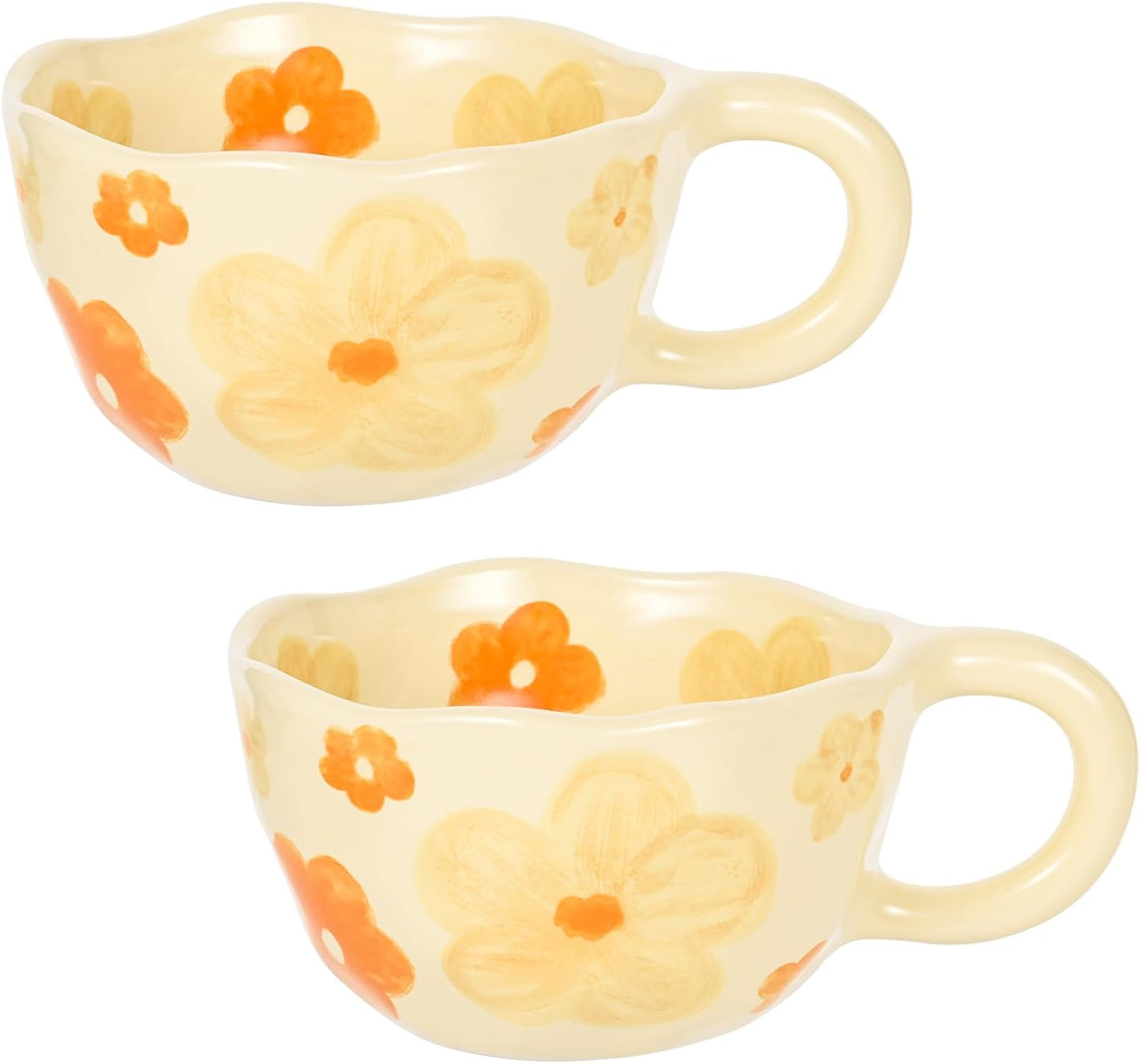 Ceramic Coffee Mug Set of 2 Vintage Flower Mugs 8 oz Cute Floral Coffee Mugs Irregular Latte Art Cup Lead-free Porcelain Cups for Cappuccino, Cocoa (2 Orange Flower)