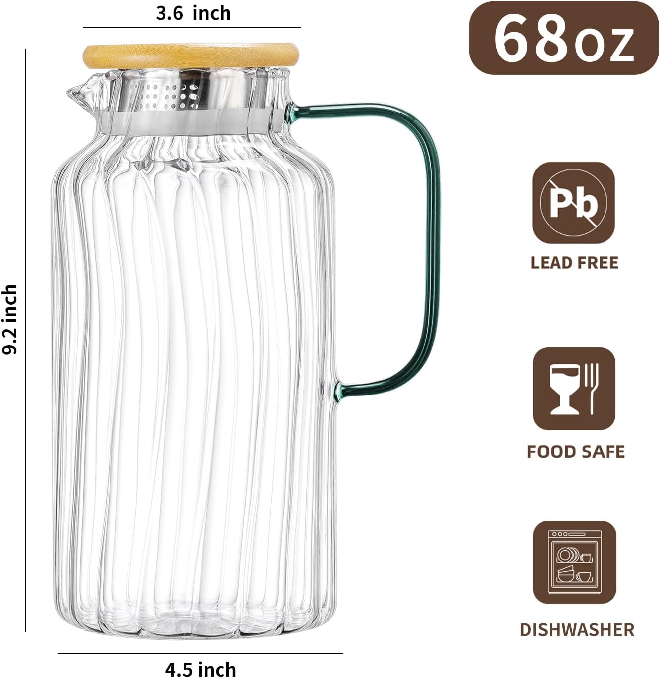 2 PACK Glass Pitcher with Lid, 68 oz/ 2 Liter Classic Vertical Stripes Water Pitcher with Bamboo Lids,Glass Water Carafe for Cold Brew, Coffee, Lemonade, Iced Sun Tea,Beverage,Milk