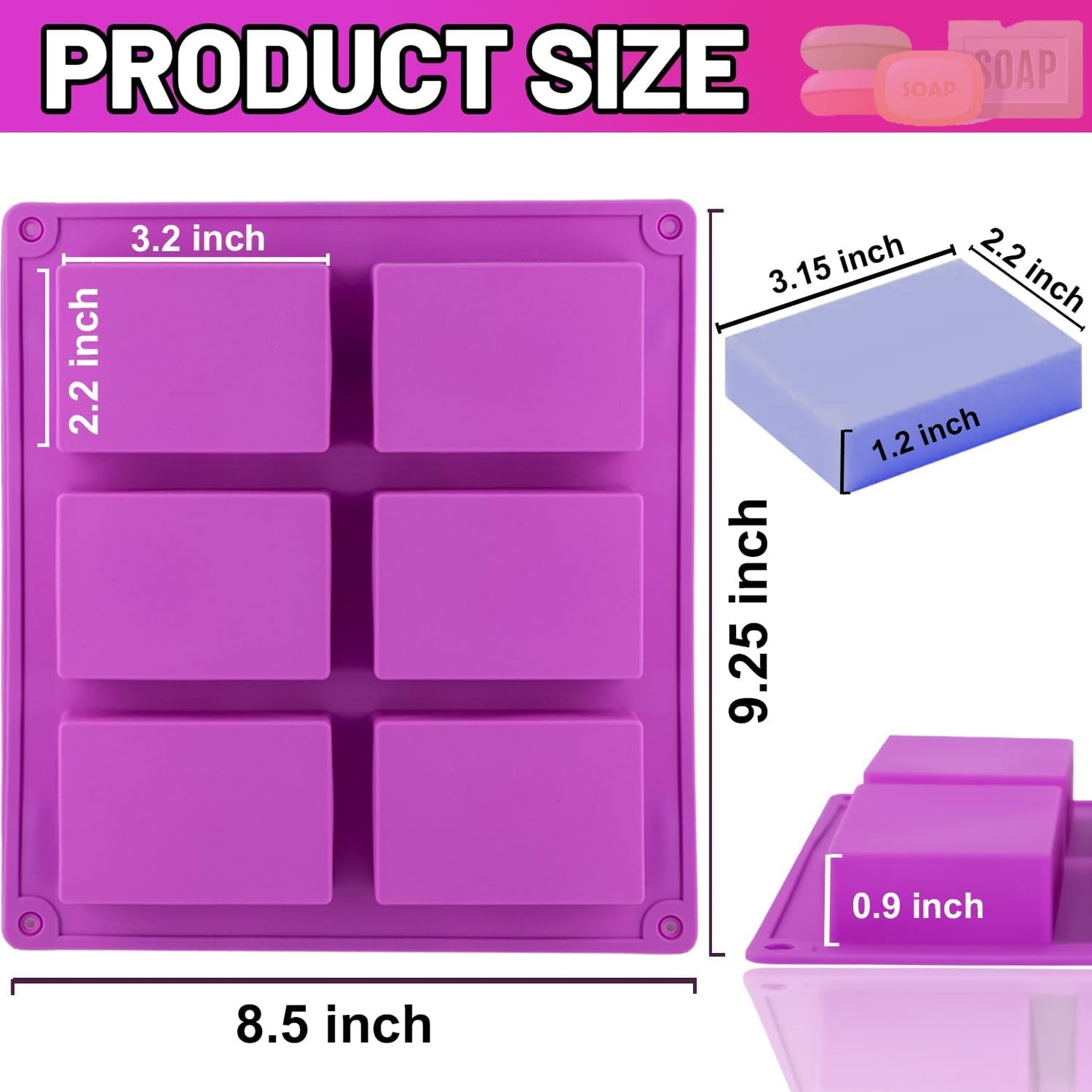 3 Pack Silicone Soap Molds, 6 Cavities Rectangle Silicone Mold, Great for Homemade Craft Soap Mold, Chocolate, Cake Molds ＆ Ice Cube Tray - Just Pop Out（Pink & Blue & Purple）
