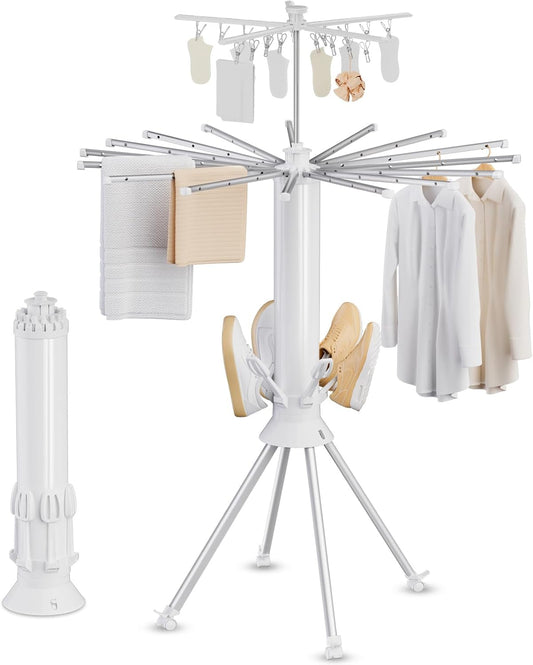 Clothes Drying Rack Foldable, 4-Legged Portable Drying Rack Clothing with 20 Clips, Shoe Dryer Rack, Outdoor Laundry Drying Racks with 4 Pulleys, Aluminum Hanging Dry Rack for Clothes,Socks,Towel