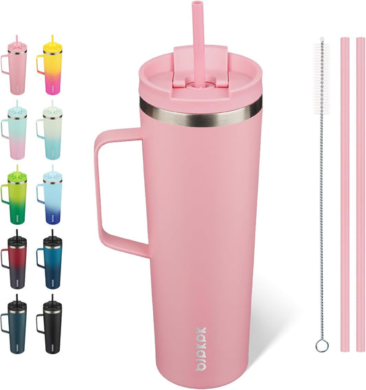 BJPKPK Insulated Tumbler with Handle, 30oz Insulated Tumblers with Lid and Straw, Stainless Steel Metal Water Bottles, Coffee Travel Mugs, Cups, Light Pink